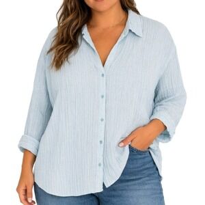 ALC Woman Light Blue‎ Crinkle Gauze Button Down Shirt Plus Size 3X Relaxed Fit